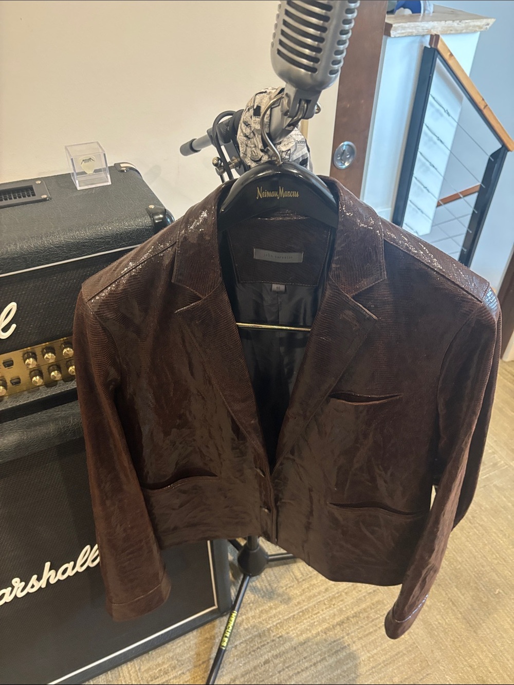 John Varvatos brown leather lizard skin blazer size 50